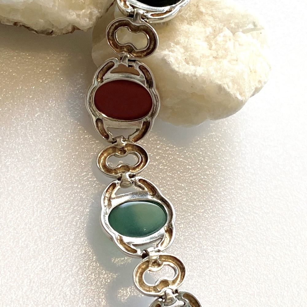 VTG-Sterling Silver 925 Multi Color Onyx, Carnelian & Chalcedony Link Bracelet - Picture 11 of 14
